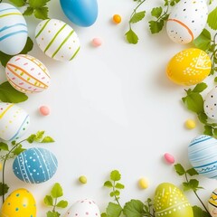 Decorative Easter Eggs and Spring Greenery on Bright White Canvas