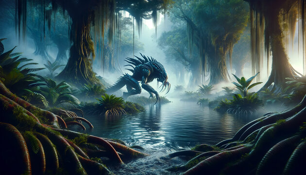 Fantasy artwork of a mythical creature in a misty, ancient forest with dense foliage and large tree roots near a serene river, creating a mystical atmosphere.Concept of alien beings. AI generated.