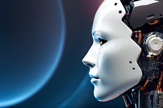 Humanoid robot, android, face, close-up, in profile, on abstract background.