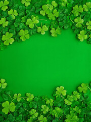 Green Saint Patrick’s Day background with clovers and shamrock, copy space, white space, Saint Patrick’s Day template with copy space, design, pattern, model
