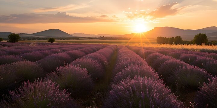 Breathtaking lavender field at sunset, nature's beauty unveiled. serene landscape, perfect for wall art and calendars. AI