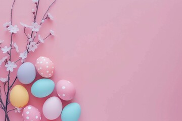 Pastel Easter Eggs with Polka Dots and Blossom Branches on Pink Background