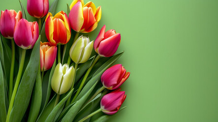 Obraz premium Fresh tulips on green background, spring and holidays concept, top view, copy space