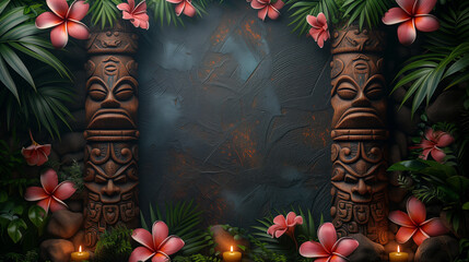 A tiki-themed blank sign to accept a custom message or design element - a dark rustic texture similar to a chalkboard - obrazy, fototapety, plakaty