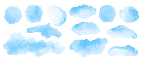 Blue watercolor background. Set of watercolor stains , blots, clouds , washes for design.
