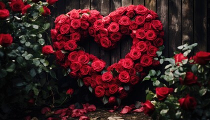 Heart Shaped Arrangement of Red Roses in Front of Wooden Fence