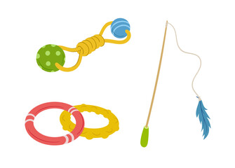 Pets goods set. Items from veterinary shop. Ball and mouse toy for cats. Pack for care about domestic animals. Poster or banner. Cartoon flat vector collection isolated on white background