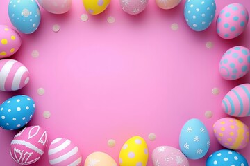 Fototapeta na wymiar Colorful Easter Egg Border on Pink Background with Golden Accents
