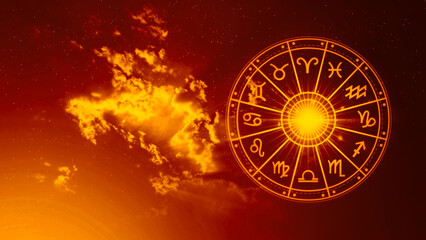 Concept of astrology and horoscope, person inside a zodiac sign wheel, Astrological zodiac signs...