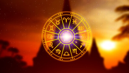 Concept of astrology and horoscope, person inside a zodiac sign wheel, Astrological zodiac signs...