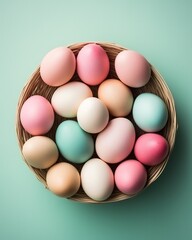 Soft-Hued Easter Eggs in a Woven Basket on a Pastel Turquoise Surface