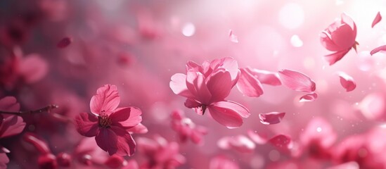 Close up flying in the air of pink petals on blur natural background. AI generated image