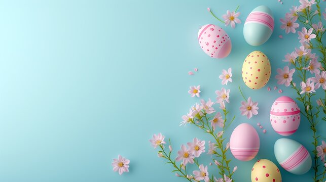 Colorful Easter Eggs with Floral Accents on a Blue Background with Copy Space
