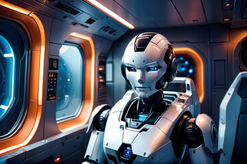 Humanoid robot, android, sitting in the compartment of a spaceship.
