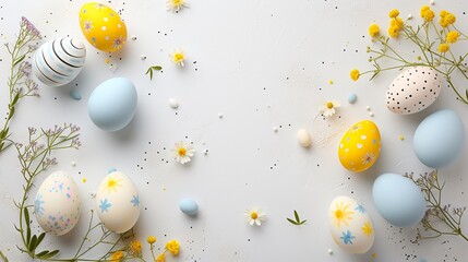 Easter Composition with Colorful Decorated Eggs and Chamomiles on Blue Wooden Background