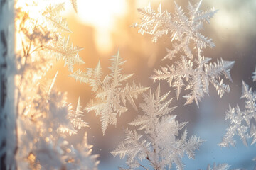 Macro shot of frost on a window, soft morning light.