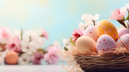 Fototapeta na wymiar Springtime Elegance: Pastel Easter Eggs and Blossoms on Soft Horizon