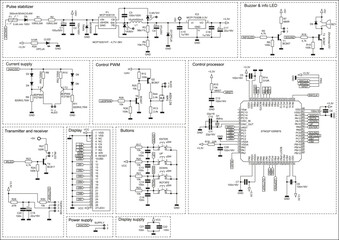 Technical schematic diagram of electronic device.
Vector drawing electrical circuit with stabilizer,
power supply, processor, display,
capacitor, resistor, integrated circuit,
transmitter, receiver.