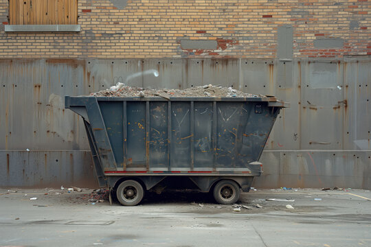An empty dumpster for construction waste debris near construction site is loaded up with debris AI Generative
