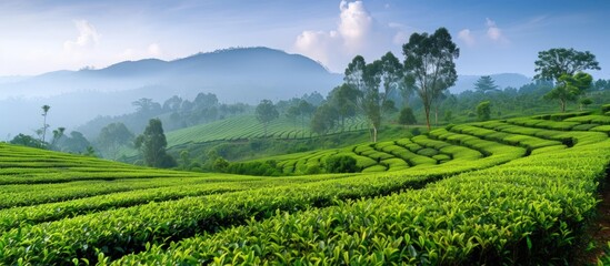 Beautiful landscape of Picturesque tea plantation natural green view. AI generated image - obrazy, fototapety, plakaty