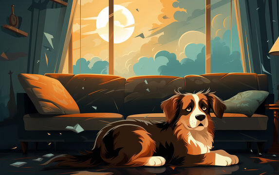 Expressive colorful illustration of a sad dog alone at home.