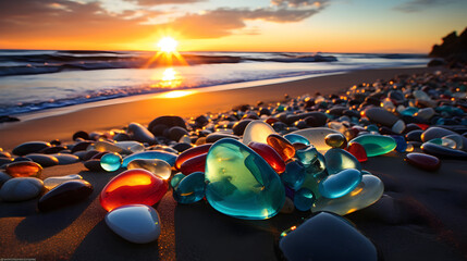 Fototapeta na wymiar Beautiful Glass Beach, colorful pebbles, Fantasy seascape, dreamy atmosphere, Pro Photo,, Seashell beach in the morning sunlight selective focus abstract summer background vacation concep