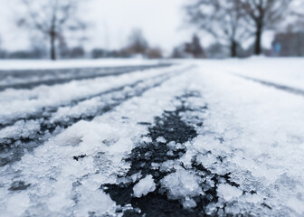 Low angle close up of snow and ice on a roadway in winter