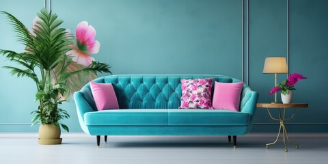 Floral living room with green table, pink chair, blue sofa, and plant