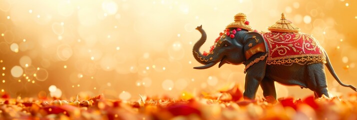 Fototapeta na wymiar Decorated indian elephant with marigold flowers on bokeh background. Indian religious holidays. Ugadi, Hindu New Year, Gudi Padwa festivals. Design for banner, card, invitation with copy space