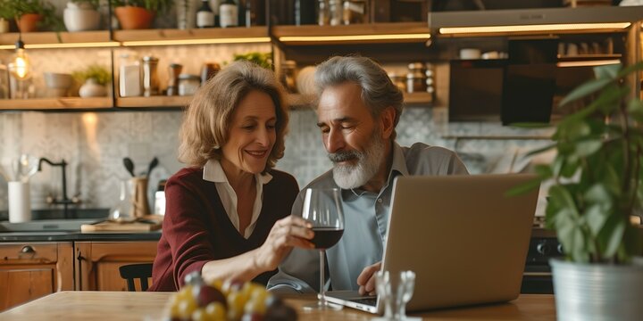 Mature couple enjoying wine during a casual online chat. cozy home setting with modern tech. lifestyle and relationship concept. AI