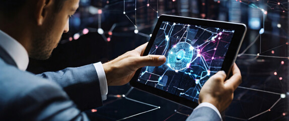 Showcase the accuracy and speed of AI technology in data analysis by creating an image of a businessman using a tablet to analyze complex data sets in real-time, with a digital interface overlaid - obrazy, fototapety, plakaty