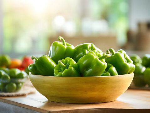 Fresh green bell peppers in a big bowl on kitchen table, blurry bright window background 