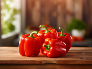 Fresh red bell peppers on wooden kitchen table, blurry bright background 