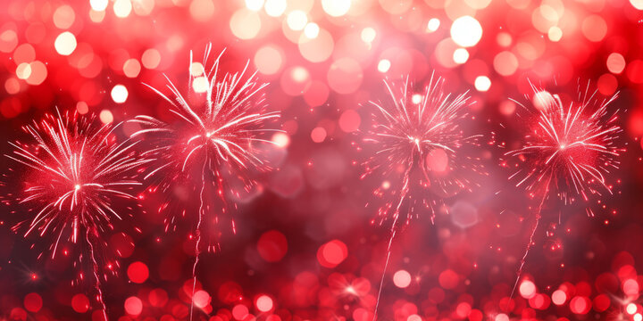 Closeup Illustration of red glitter fireworks pyrotechnics with bokeh lights for a New Year's Eve party celebration holiday background banner or greeting card.