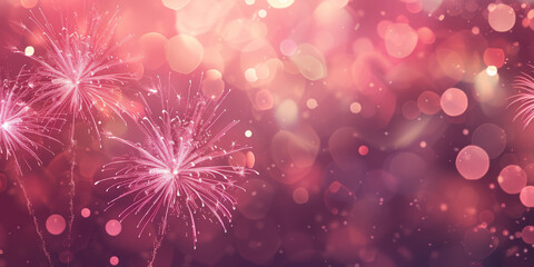 Close up Illustration of pink glitter fireworks pyrotechnics with bokeh lights for a New Year's Eve party celebration holiday background banner or greeting card.