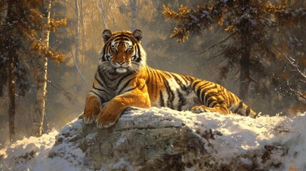 Fototapeta premium Amber-Eyed Tiger on Stone in Winter Forest: A Portrait of Power and Poise Amidst Snowy Pines and Golden Sunlight.