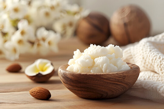 Rich shea butter in a wooden bowl on a cozy spa background. Organic shea with almonds and white flowers for skin. Home or professional skin care concept. Nourishing shea butter skincare product