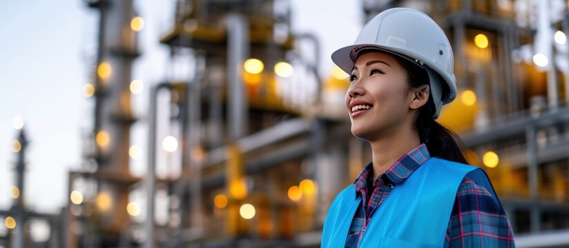 Portrait woman engineer inspecting in industrial oil refinery wearing and blue vest. AI generated