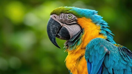 Obraz premium African Macaw Parrot with Turquoise and Yellow Feathers on Lime-Green Background