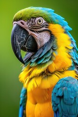 African Macaw Parrot with Turquoise and Yellow Feathers on Lime-Green Background