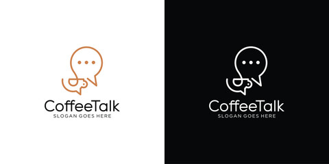 Creative Coffee Talk Logo. Coffee Cup Mug and Bubble Chat with Linear Outline Style Logo for Coffee Shop Business.