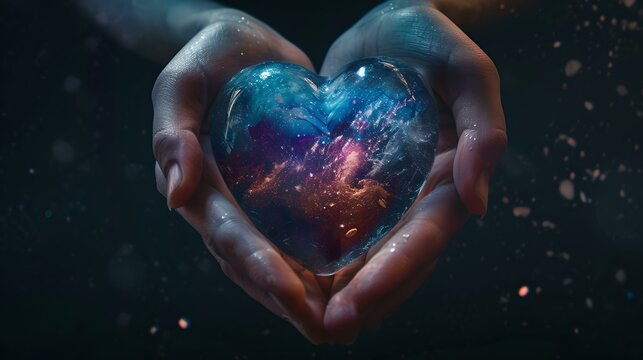 Hands cradling a cosmic heart, symbolizing love and care. a conceptual image mixing humanity with the universe. perfect for creative projects. AI