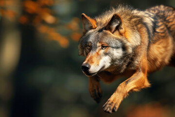 Obraz premium A white wolf jumping over the camera, high speed chase on the grassy plains. wolf dog jump. Coyote jumps up to pounce on mice. flying wolf