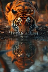 Fototapeta premium Intense Tiger Captured Drinking with Ghostly Reflection in Shallow Water