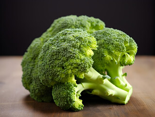 Green broccoli on cut board, dark background 