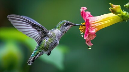 Fototapeta premium Close-Up of Hummingbird with Slender Beak Feeding from Vibrant Flower