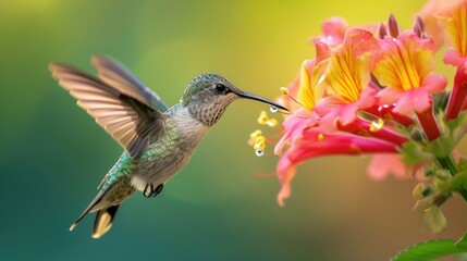 Fototapeta premium Hummingbird Feeding on Pink and Yellow Flower in Mid-Air Close-Up