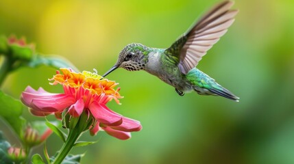 Fototapeta premium Hummingbird Feeding on Pink and Yellow Flower in Mid-Air Close-Up