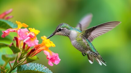 Fototapeta premium Iridescent Green Hummingbird Dipping Beak into Bloom with Blurred Wings
