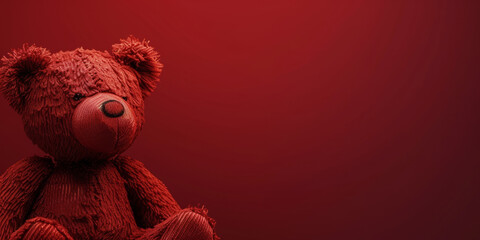 Deep red banner with a teddy bear on the side with space for copy space.